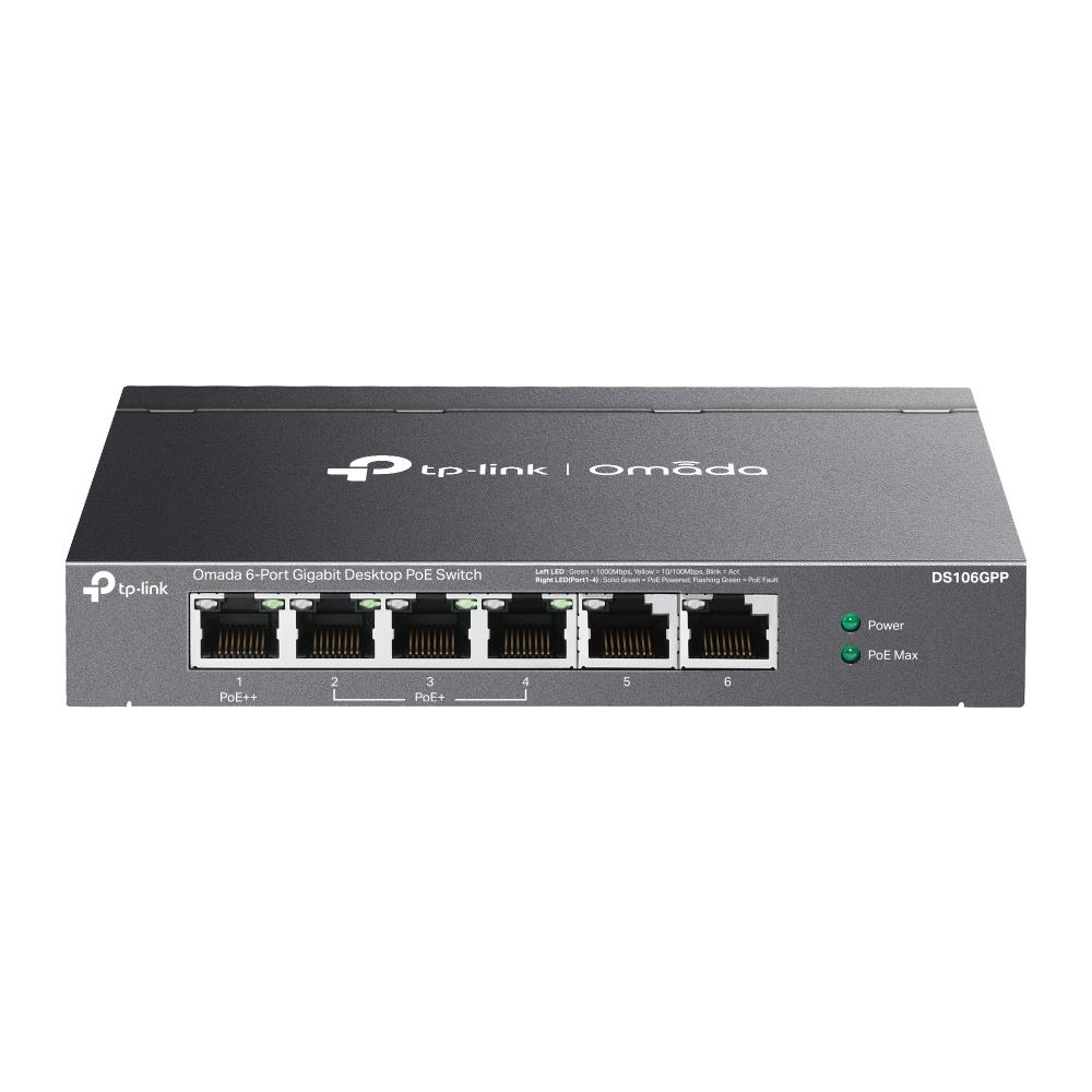 Omada%20Tp-Link%20DS106GPP%204%20Port%2010-100-1000%20Poe+%20Switch%202%20Port%20Uplink%20Çelik%20Kasa%20Rack%20Mount