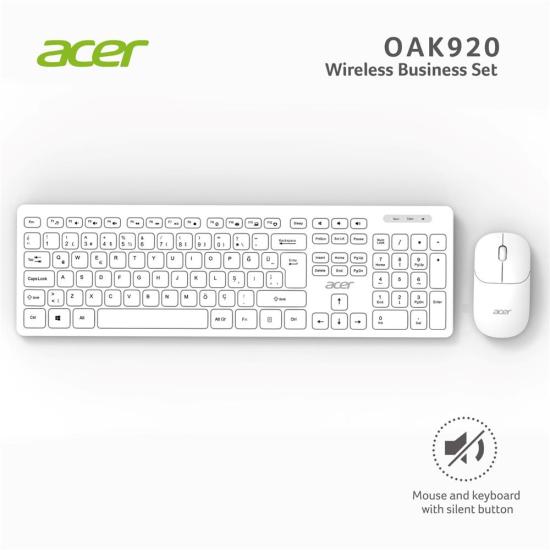 Acer OAK-920  Beyaz Kablosuz Sessiz Tuşlu  2.4Ghz Klavye Moue Set Beyaz (Mouse 1200Dpı)