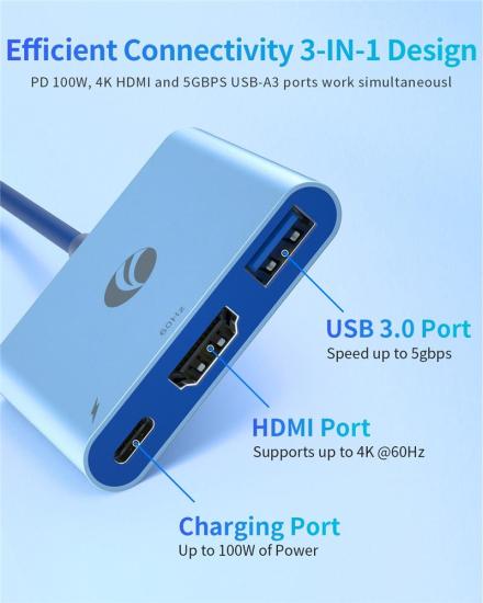 Vcom CUE15 Mavi Type-C To Hdmi(4K@60Hz)+Usb3.0+Pd 3.0 100W Çoklayıcı